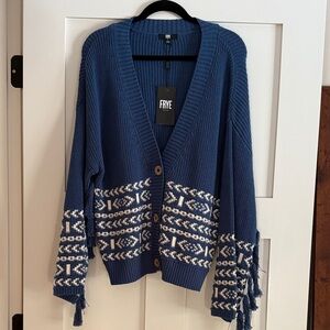Frye Blue Cardigan with White Geometric Design, Fringe Sleeves NWT!